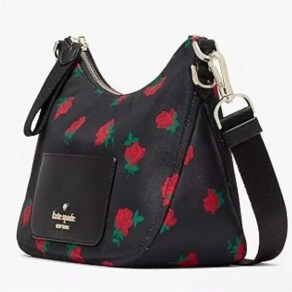 kate spade Black Floral Shoulder Bag with Red Rose Print and Pouch - Picture 4 of 8